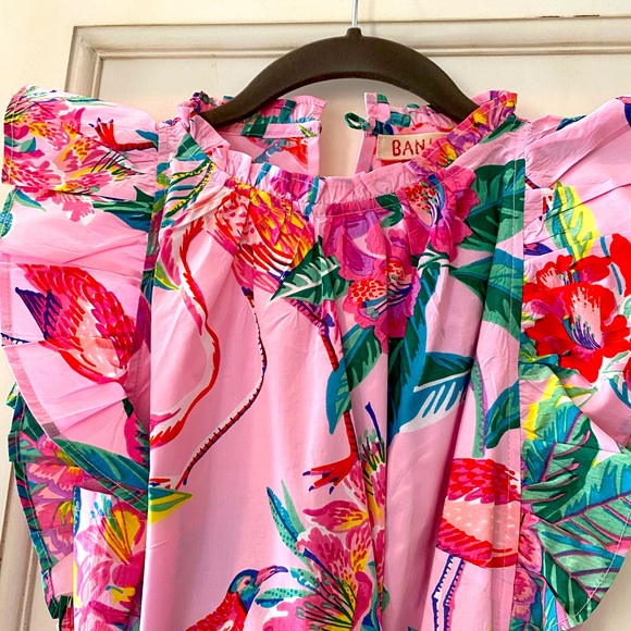 Banjanan BulBul Pink Floral Mini Dress with Ruffle Sleeve Detail and Tie Waist - Picture 8 of 9